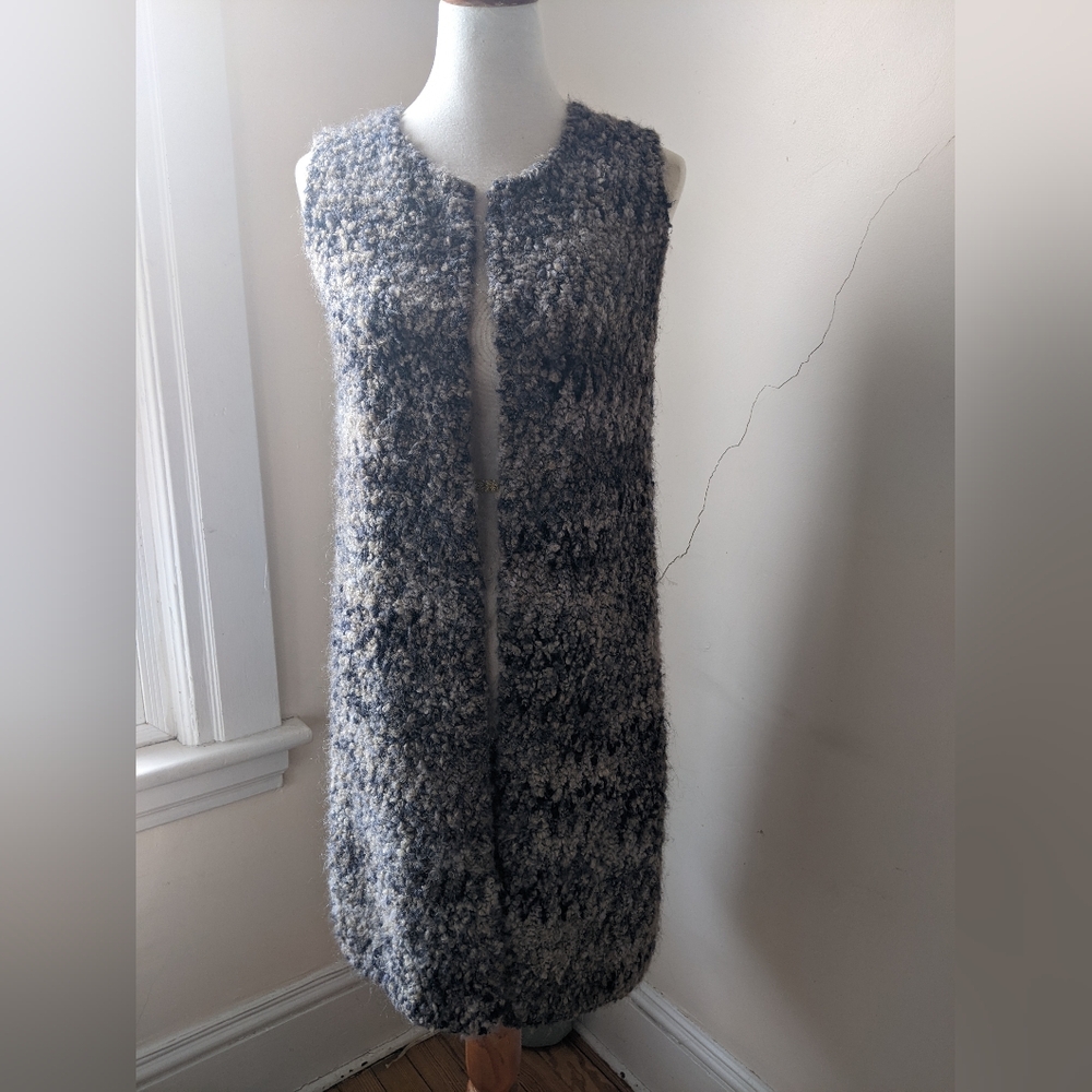Cocogio Long Bouclé Vest in Heathered Gray/Blue/Tan Made In Italy Wool Blend